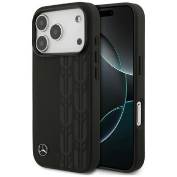 Mercedes dėklas iPhone 17 Pro telefonui Leather Laurel Leaves MagSafe, juodas