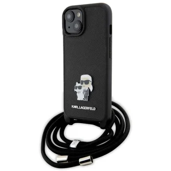 Karl Lagerfeld dėklas iPhone 15 Plus telefonui Crossbody Saffiano, juodas