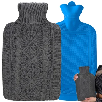 Large rubber hot water bottle with sweater cover, 2L, dark grey