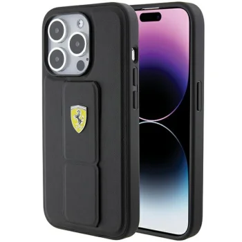Ferrari Grip Stand Metal Logo dėklas iPhone 15 Pro 6.1", juodas