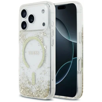 Guess Resin Bottom Glitter MagSafe dėklas iPhone 18 Pro / 17 Pro, auksinis
