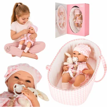 Lėlė kūdikis su nešyne ir pliušiniu triušiu, 38 cm, rožinė