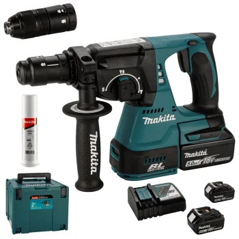 Akumuliatorinis perforatorius Makita DHR243RT3J, 18 V, SDS-Plus, 3x 5.0 Ah akumuliatoriai ir lagaminas