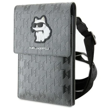 Karl Lagerfeld Saffiano Monogram Choupette telefono krepšelis, sidabrinis