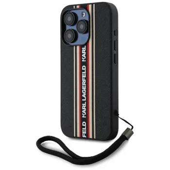 Karl Lagerfeld Saffiano Athleisure Stripes Cord iPhone 15 Pro Max dėklas su virvele, raudonas