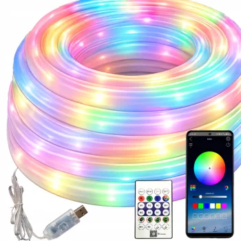 Lanksčioji RGBic neoninė LED juosta 5m USB su Bluetooth programėle ir pulteliu