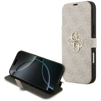 Guess Book 4G Metal Logo atverčiamasis dėklas iPhone 17 Pro Max, rožinis