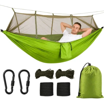 Žalias dvivietis turistinis hamakas su tinkleliu nuo uodų (250x140 cm, 150 kg)