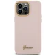 Guess Silicone Script dėklas su metaliniu logotipu ir rėmeliu iPhone 15 Pro, rožinis
