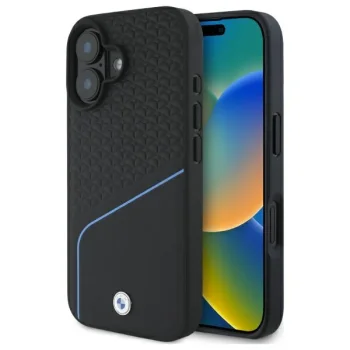 BMW dėklas „iPhone 16“ telefonui „Sign Leather Textured And Line MagSafe“, juodas