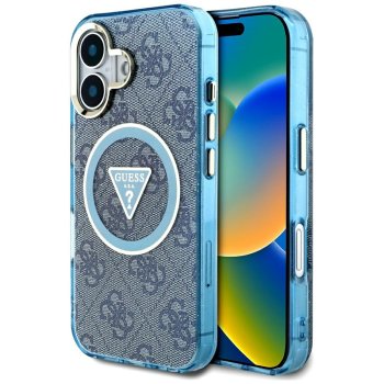 Guess IML Metal Glitter 4G MagSafe dėklas telefonui iPhone 16, mėlynas