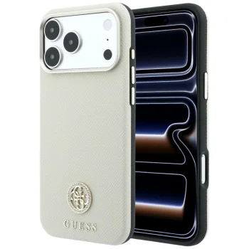 Guess Grained Round Strass Logo MagSafe dėklas skirtas iPhone 18 Pro Max / 17 Pro Max, smėlio spalvos