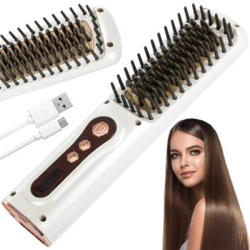 Electric Cordless Hair Straightening Brush, White