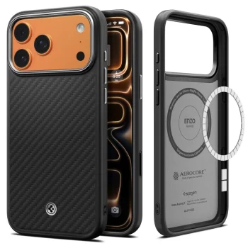 Spigen Enzo Aramid T MagSafe dėklas, skirtas iPhone 17 Pro, juodas / sidabrinis