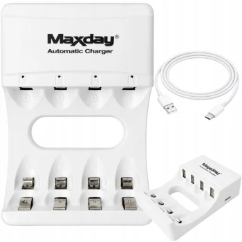 Maxday 704A2 AA/AAA baterijų įkroviklis su USB-C, 4 lizdai, baltas