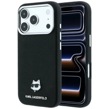 Karl Lagerfeld Grained Choupette Head Metal MagSafe dėklas iPhone 17 Pro / 18 Pro, juodas