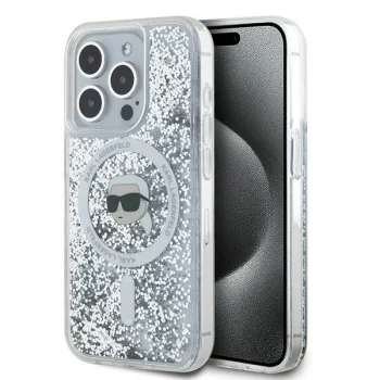 Karl Lagerfeld dėklas iPhone 15 Pro Max su MagSafe Liquid Glitter Karl Head, skaidrus