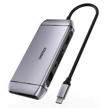 Choetech HUB-M15 9-in-1 USB-C šakotuvas (HDMI, VGA, RJ45, SD/TF), pilkas