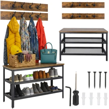 Ruhhy 00027037 batų lentyna su kabykla ir suoliuku, 73 cm, juoda/ruda