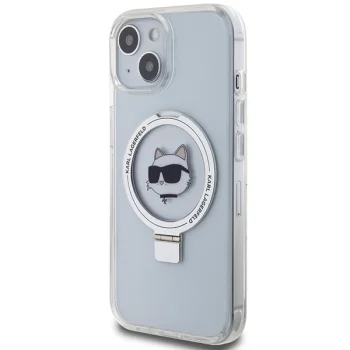 Karl Lagerfeld dėklas iPhone 15 su MagSafe ir žiedu Choupette Head, baltas