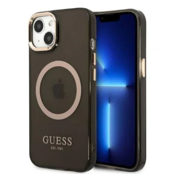 Guess Gold Outline Translucent MagSafe dėklas iPhone 13, juodas