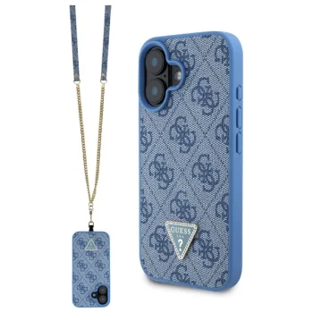 Guess dėklas iPhone 16 Leather Metal Logo Strass Crossbody, mėlynas