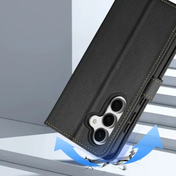 Dux Ducis Lawa odinis dėklas telefonui Samsung Galaxy S25 su nuimama pinigine, juodas