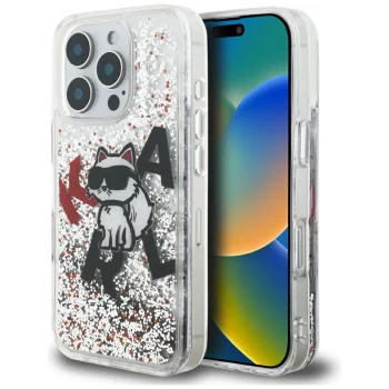 Karl Lagerfeld Liquid Glitter Choupette dėklas iPhone 16 Pro Max, skaidrus