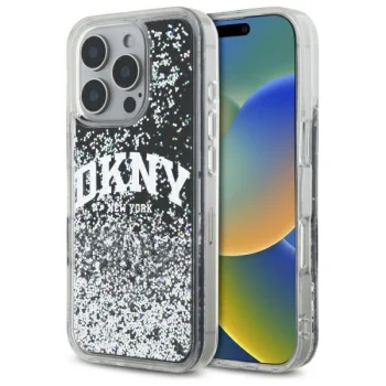 DKNY Liquid Glitter Arch Logo dėklas, skirtas iPhone 16 Pro, juodas