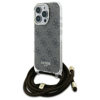 Guess dėklas iPhone 16 Pro telefonui Crossbody Cord 4G Print, rudas