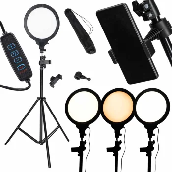 LED žiedinė lempa 26 cm su reguliuojamu stovu ir telefono laikikliu, 15 W, USB, juoda