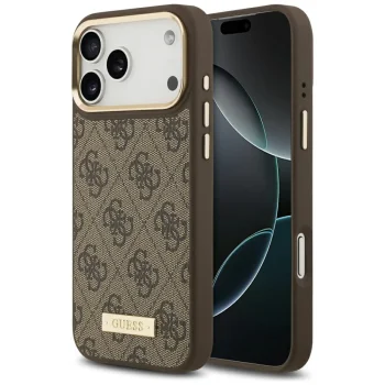Guess 4G Logo Plate MagSafe dėklas, skirtas iPhone 17 Pro Max, rudas