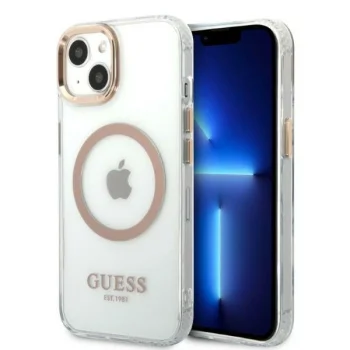 Guess Metal Outline MagSafe dėklas telefonui iPhone 13, permatomas / auksinis