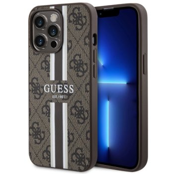 Guess dėklas iPhone 13 Pro Max telefonui 4G Printed Stripes MagSafe, rudas