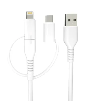 Forever Recycling „3 viename“ Laidas USB-A į USB-C/microUSB/Lightning, 1.5m, 2.4A, Baltas