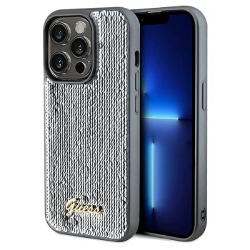 Guess dėklas iPhone 14 Pro Max telefonui Sequin Script Metal, sidabrinis