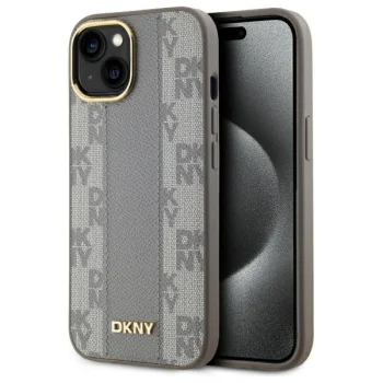 DKNY dėklas iPhone 15 Plus telefonui Leather Checkered Mono Pattern MagSafe, smėlio