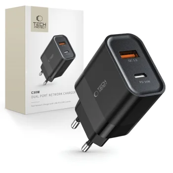 Tech-Protect C30W Wall Charger USB-C PD 30W / USB-A QC 3.0 - Black