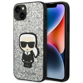 Karl Lagerfeld Glitter Flakes Ikonik dėklas skirtas iPhone 14 Plus, sidabrinis