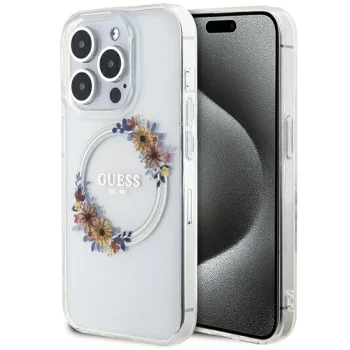 Guess IML Flowers Wreath MagSafe dėklas, skirtas iPhone 15 Pro, skaidrus