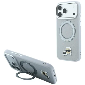 Karl Lagerfeld Ring Stand 360 Karl & Choupette Heads Pin MagSafe dėklas iPhone 18 Pro / 17 Pro, pilkas