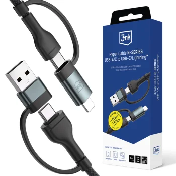 3mk Hyper Cable N-SERIES 2 in 2 USB-A/C į USB-C/Lightning laidas 1.2m 60W, juodas