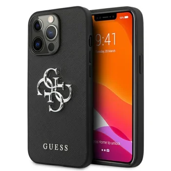 Guess Saffiano 4G Metal Logo dėklas iPhone 13 Pro / 13, juodas