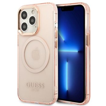 Guess Gold Outline Translucent MagSafe Case for iPhone 13 / 13 Pro, Pink