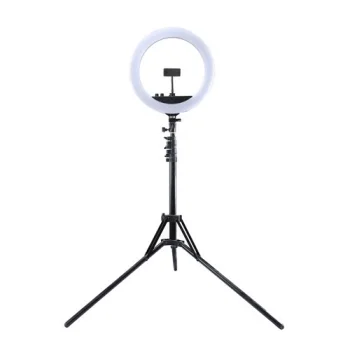 LED žiedinė lempa 34.5cm su stovu iki 1.85m, veidrodžiu ir laikikliu