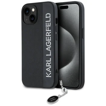 Karl Lagerfeld dėklas iPhone 15 / 14 / 13 Saffiano Rhinestones & Charm, juodas