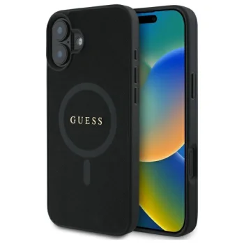 Guess dėklas iPhone 16 telefonui Saffiano Classic Logo MagSafe, juodas