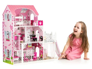 Medinis lėlių namelis XXL su liftu ir čiuožykla ECOTOYS 128584