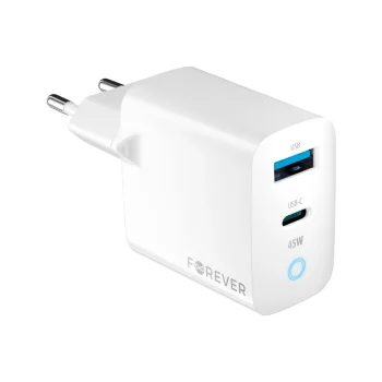 Forever GaN PD QC TC-06 45W Tinklo įkroviklis (USB-C + USB) Baltas