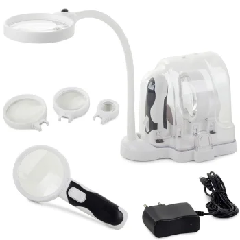 2-in-1 Desktop and Handheld Magnifier with LED Light and Interchangeable Lenses (2.5x, 5x, 16x)